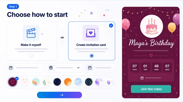Album Map start screen for choosing how to begin a video gift.