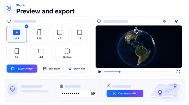 Album Map export screen with preview, format, and quality options.